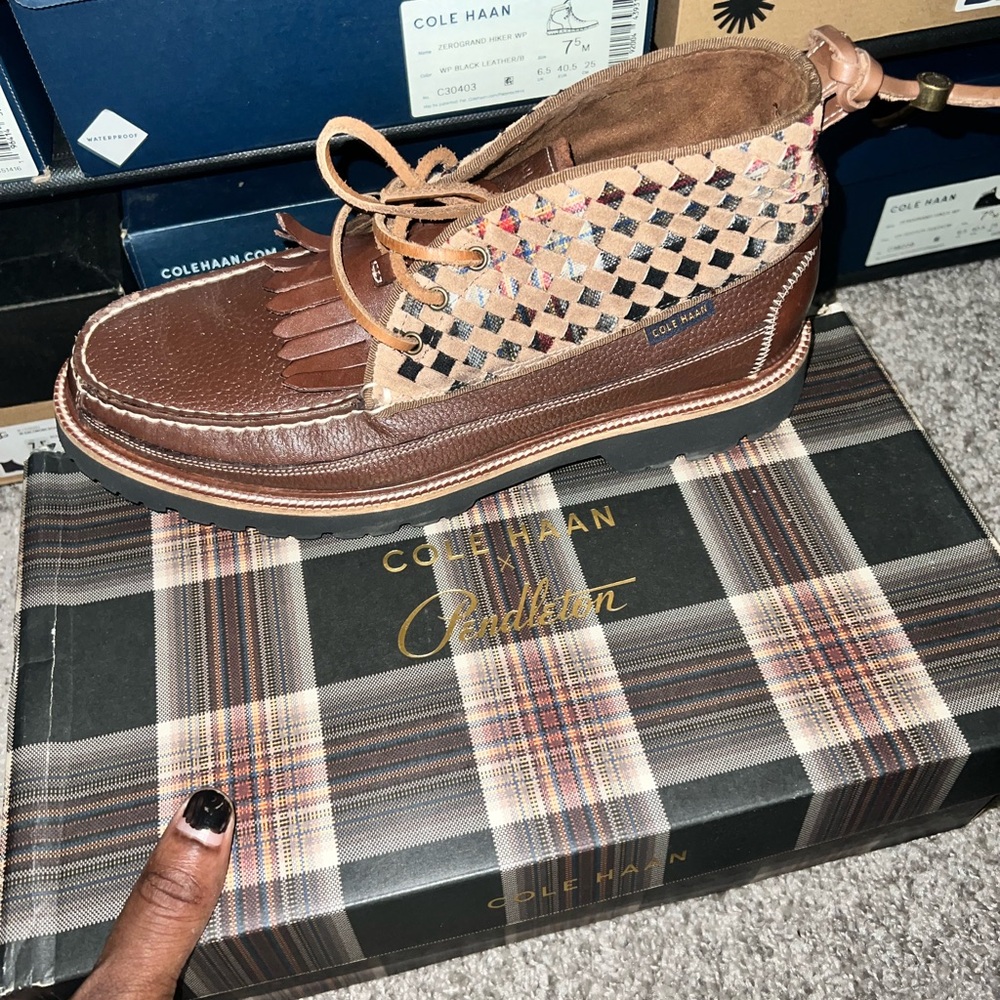 Cole Haan Brown and Tan Leather Boots with Woven Detail